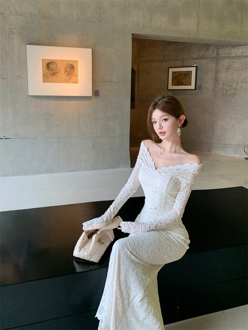 French Style V-Neck Sheath Maxi Skirt Lace Back Slit Long Sleeve Long Dress AP3282