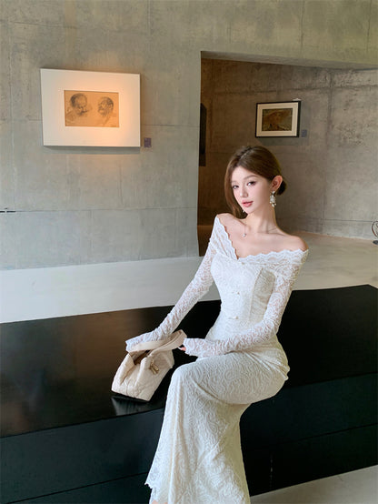 French Style V-Neck Sheath Maxi Skirt Lace Back Slit Long Sleeve Long Dress AP3282