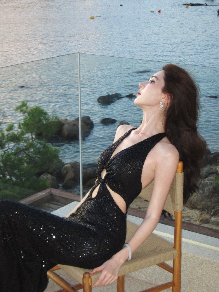 Charming Vocation Outfit V-Neck Sheath Maxi Dress Backless Black Sequins Cutout Halter Long Dress AP3283