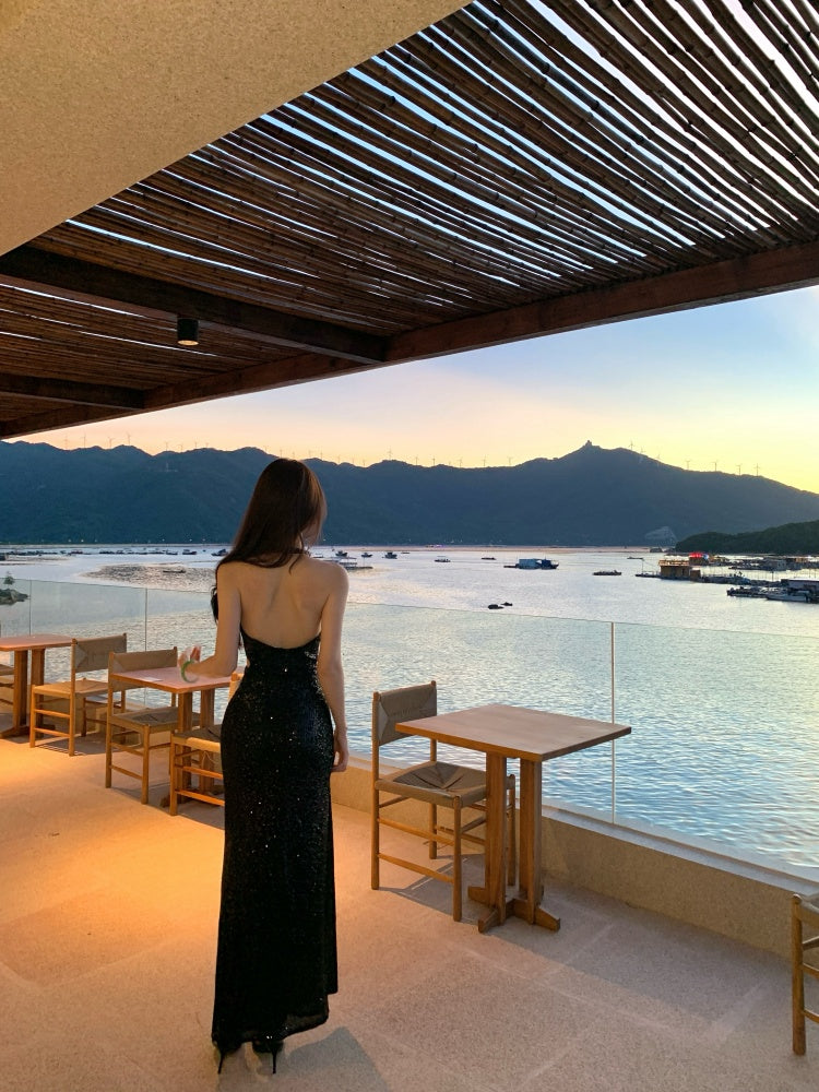 Charming Vocation Outfit V-Neck Sheath Maxi Dress Backless Black Sequins Cutout Halter Long Dress AP3283