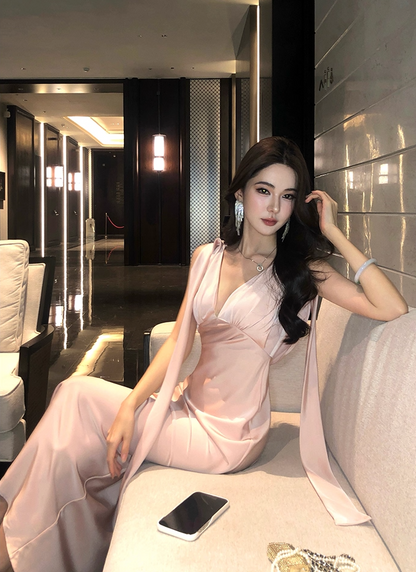 Novelty Mermaid Deep V Neck Maxi Skirt Charming Backless Evening Dress Soft Long Dress AP3284