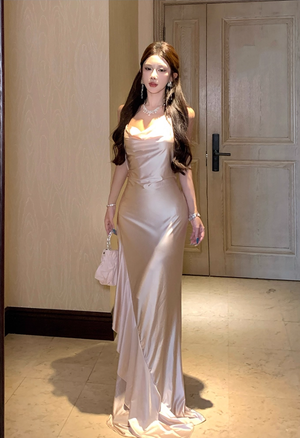 Alluring Ruched Neckline Sheen Fabric Maxi Dress Elegant Floor Length Ruffled Halter Long Dress AP3285