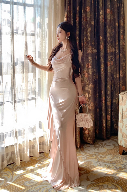 Alluring Ruched Neckline Sheen Fabric Maxi Dress Elegant Floor Length Ruffled Halter Long Dress AP3285