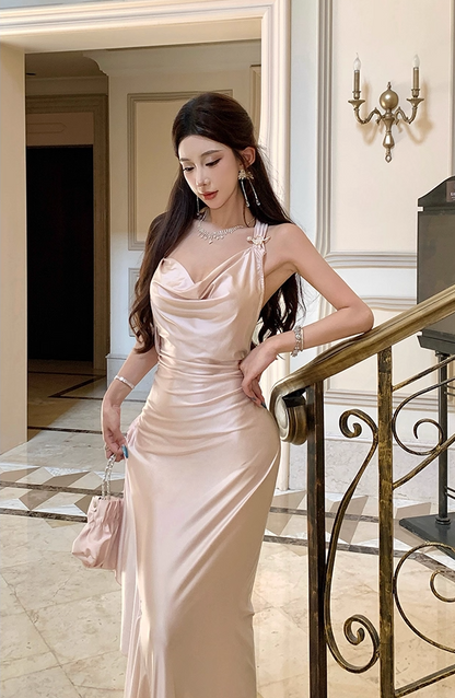 Alluring Ruched Neckline Sheen Fabric Maxi Dress Elegant Floor Length Ruffled Halter Long Dress AP3285