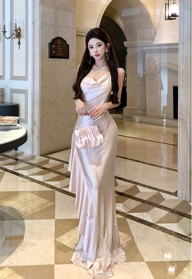 Alluring Ruched Neckline Sheen Fabric Maxi Dress Elegant Floor Length Ruffled Halter Long Dress AP3285