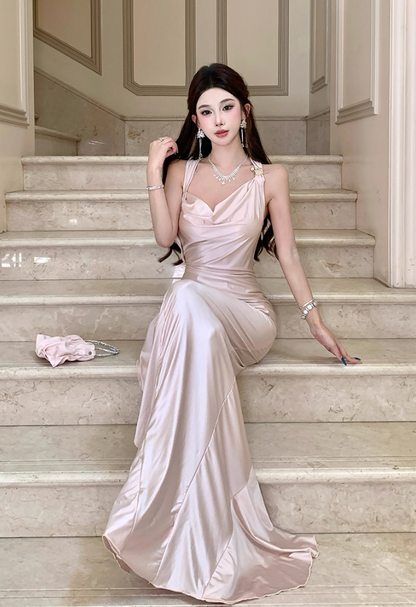 Alluring Ruched Neckline Sheen Fabric Maxi Dress Elegant Floor Length Ruffled Halter Long Dress AP3285