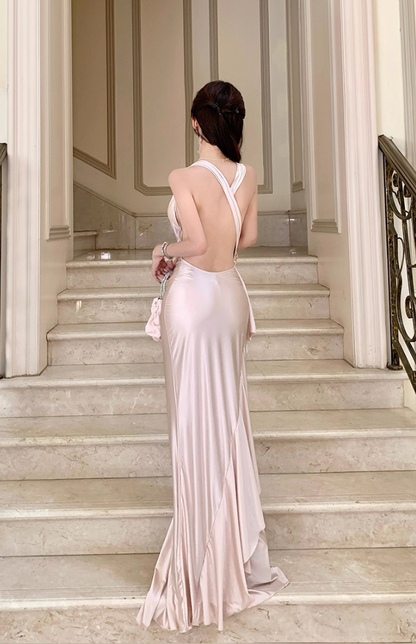 Alluring Ruched Neckline Sheen Fabric Maxi Dress Elegant Floor Length Ruffled Halter Long Dress AP3285