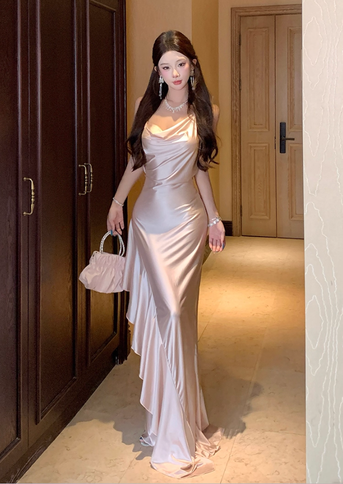 Alluring Ruched Neckline Sheen Fabric Maxi Dress Elegant Floor Length Ruffled Halter Long Dress AP3285