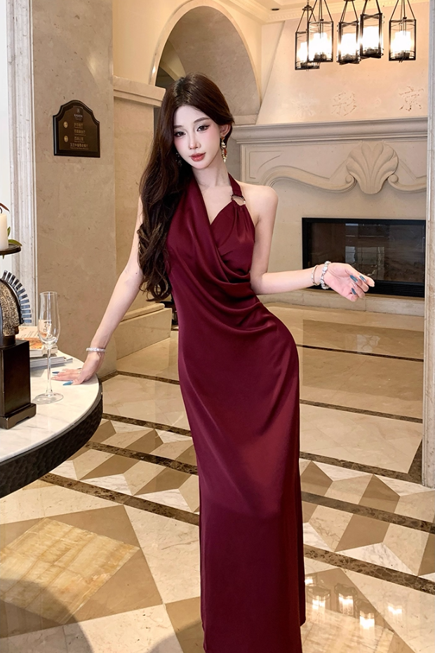 New Arrival V-Neck Sheen Fabric Sheath Maxi Dress Charming Slit Backless Halter Long Dress AP3286