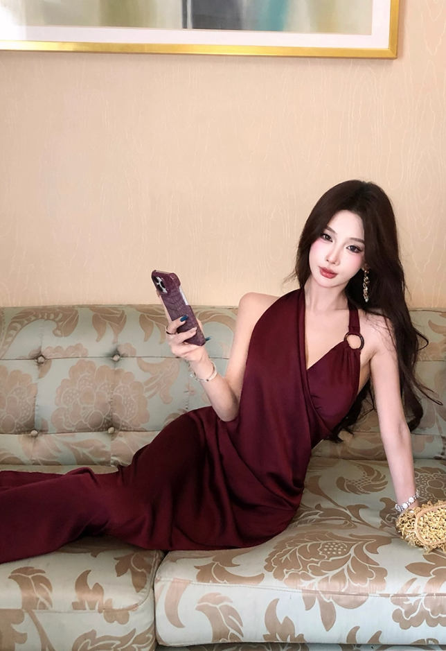 New Arrival V-Neck Sheen Fabric Sheath Maxi Dress Charming Slit Backless Halter Long Dress AP3286