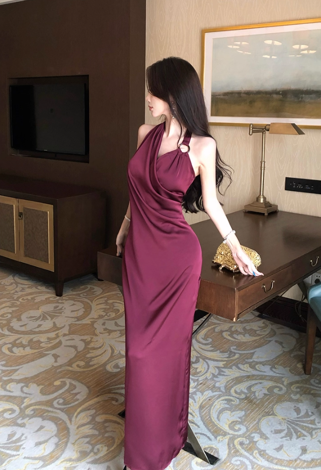 New Arrival V-Neck Sheen Fabric Sheath Maxi Dress Charming Slit Backless Halter Long Dress AP3286