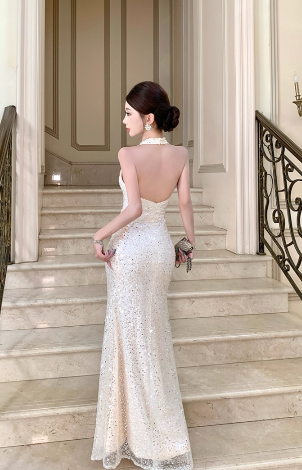 Lustrous Mermaid V-Neck Evening Maxi Dress Classical Backless Sparkly Sequins Tulle Overlay Halter Long Dress AP3287