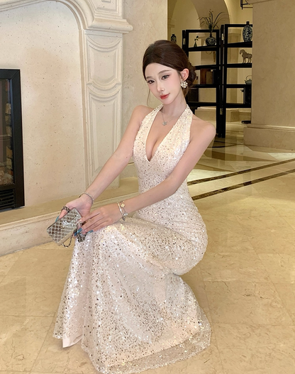 Lustrous Mermaid V-Neck Evening Maxi Dress Classical Backless Sparkly Sequins Tulle Overlay Halter Long Dress AP3287