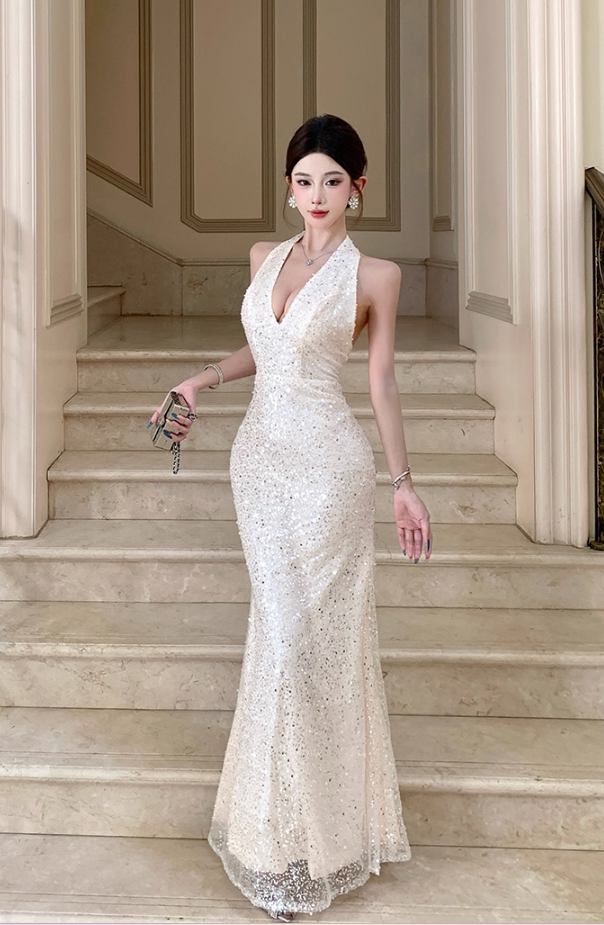 Lustrous Mermaid V-Neck Evening Maxi Dress Classical Backless Sparkly Sequins Tulle Overlay Halter Long Dress AP3287