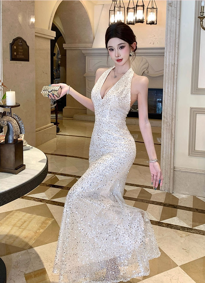 Lustrous Mermaid V-Neck Evening Maxi Dress Classical Backless Sparkly Sequins Tulle Overlay Halter Long Dress AP3287