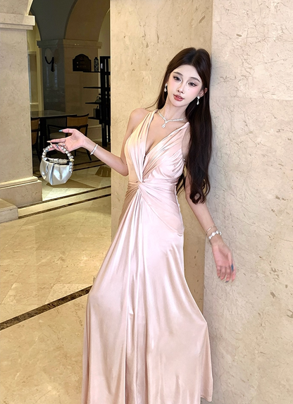 Hot Girls V-Neck A-Line Evening Maxi Skirt Graceful Flowy Twist Cutout Back Long Dress AP3288