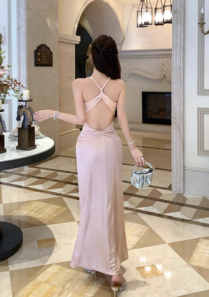 Hot Girls V-Neck A-Line Evening Maxi Skirt Graceful Flowy Twist Cutout Back Long Dress AP3288