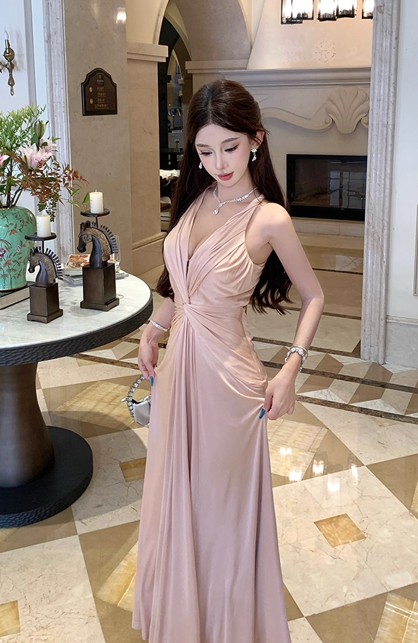 Hot Girls V-Neck A-Line Evening Maxi Skirt Graceful Flowy Twist Cutout Back Long Dress AP3288