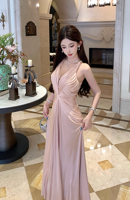 Hot Girls V-Neck A-Line Evening Maxi Skirt Graceful Flowy Twist Cutout Back Long Dress AP3288