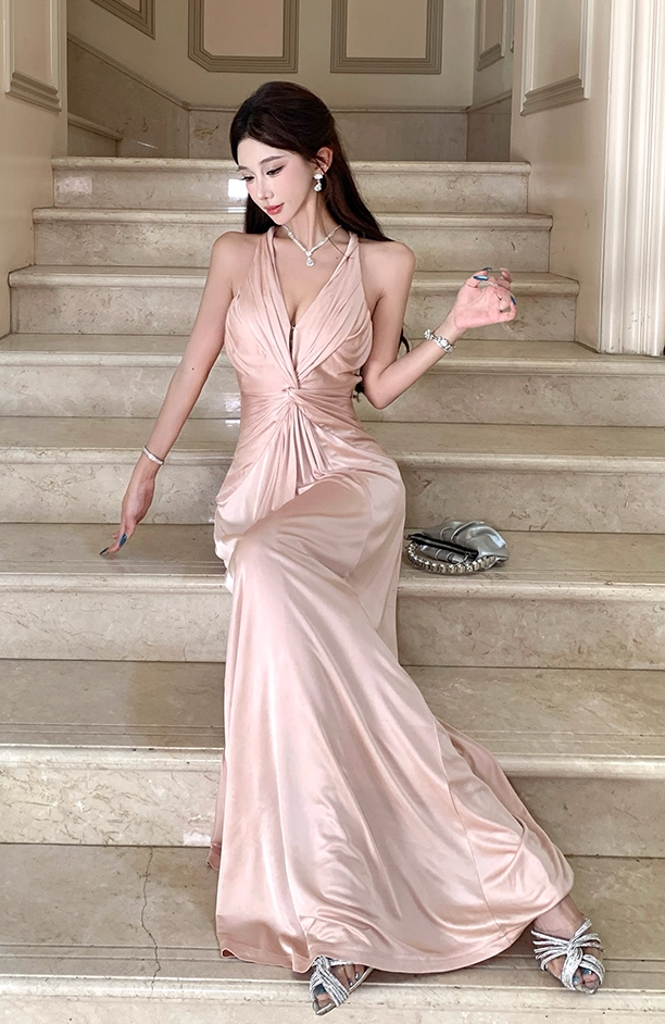 Hot Girls V-Neck A-Line Evening Maxi Skirt Graceful Flowy Twist Cutout Back Long Dress AP3288