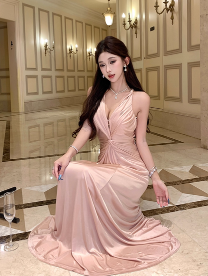 Hot Girls V-Neck A-Line Evening Maxi Skirt Graceful Flowy Twist Cutout Back Long Dress AP3288