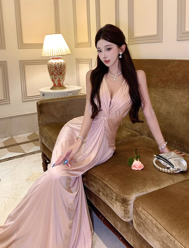 Hot Girls V-Neck A-Line Evening Maxi Skirt Graceful Flowy Twist Cutout Back Long Dress AP3288