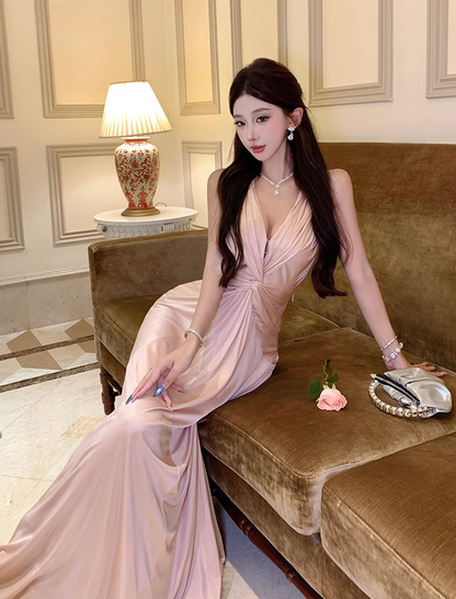 Hot Girls V-Neck A-Line Evening Maxi Skirt Graceful Flowy Twist Cutout Back Long Dress AP3288