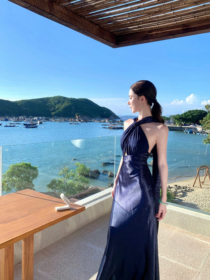 Fashionable Halter Neck Sheath Backless Maxi Dress Sexy Cutout Tie Back Long Dress AP3289