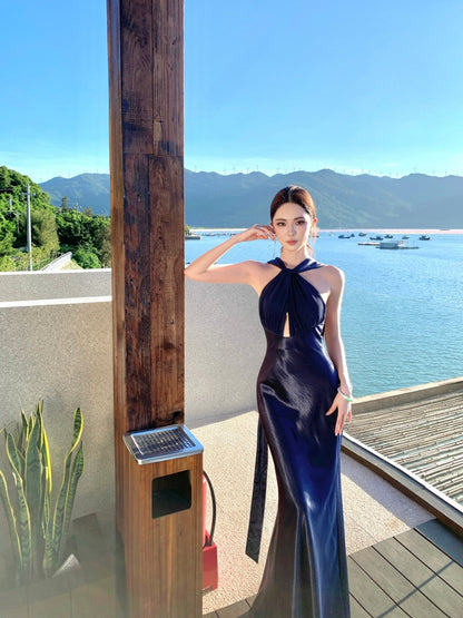 Fashionable Halter Neck Sheath Backless Maxi Dress Sexy Cutout Tie Back Long Dress AP3289