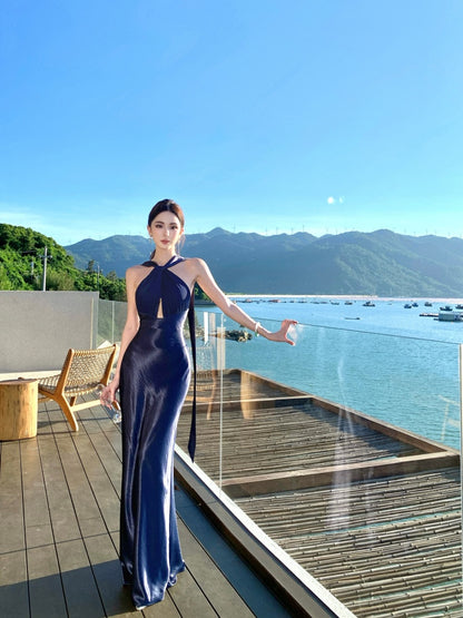 Fashionable Halter Neck Sheath Backless Maxi Dress Sexy Cutout Tie Back Long Dress AP3289