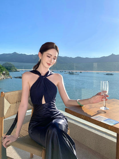 Fashionable Halter Neck Sheath Backless Maxi Dress Sexy Cutout Tie Back Long Dress AP3289