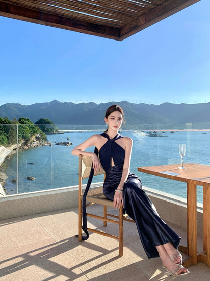 Fashionable Halter Neck Sheath Backless Maxi Dress Sexy Cutout Tie Back Long Dress AP3289