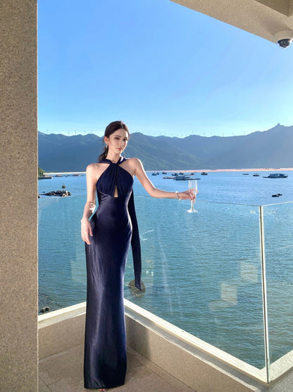 Fashionable Halter Neck Sheath Backless Maxi Dress Sexy Cutout Tie Back Long Dress AP3289