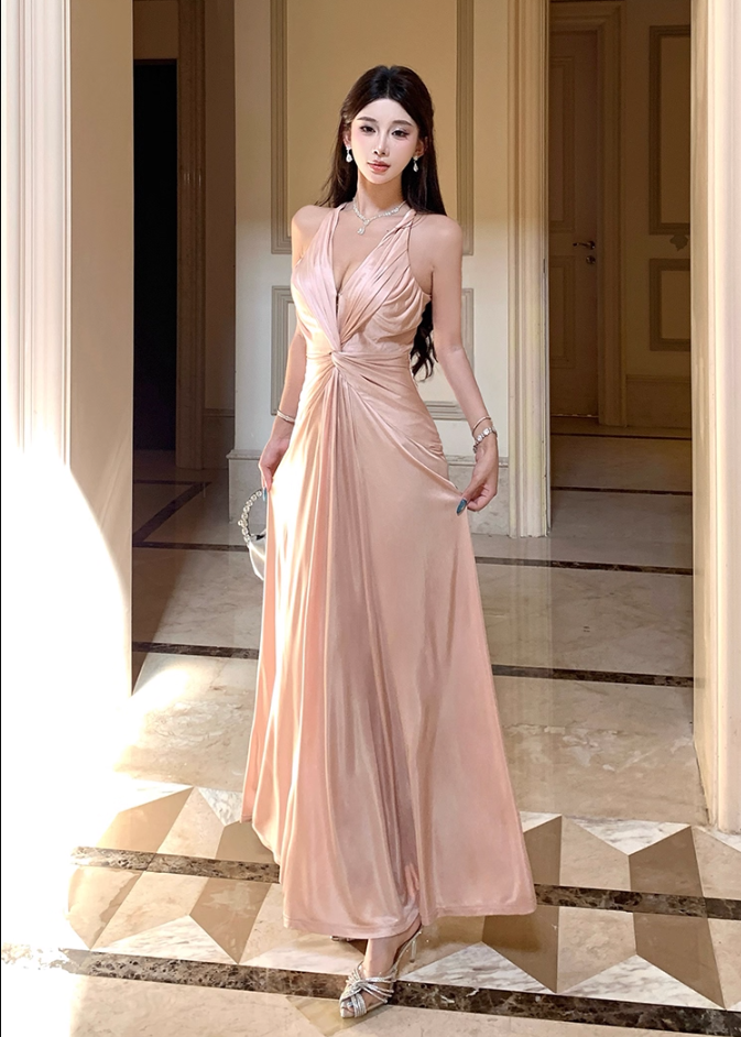 Hot Girls V-Neck A-Line Evening Maxi Skirt Graceful Flowy Twist Cutout Back Long Dress AP3288