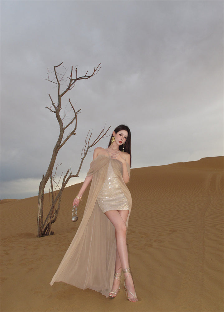 Chic Off-Shoulder Sheath Vacation Outfit Maxi Skirt Elegant Sequins Flowy Slit Tulle Long Dress AP3290