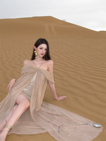 Chic Off-Shoulder Sheath Vacation Outfit Maxi Skirt Elegant Sequins Flowy Slit Tulle Long Dress AP3290