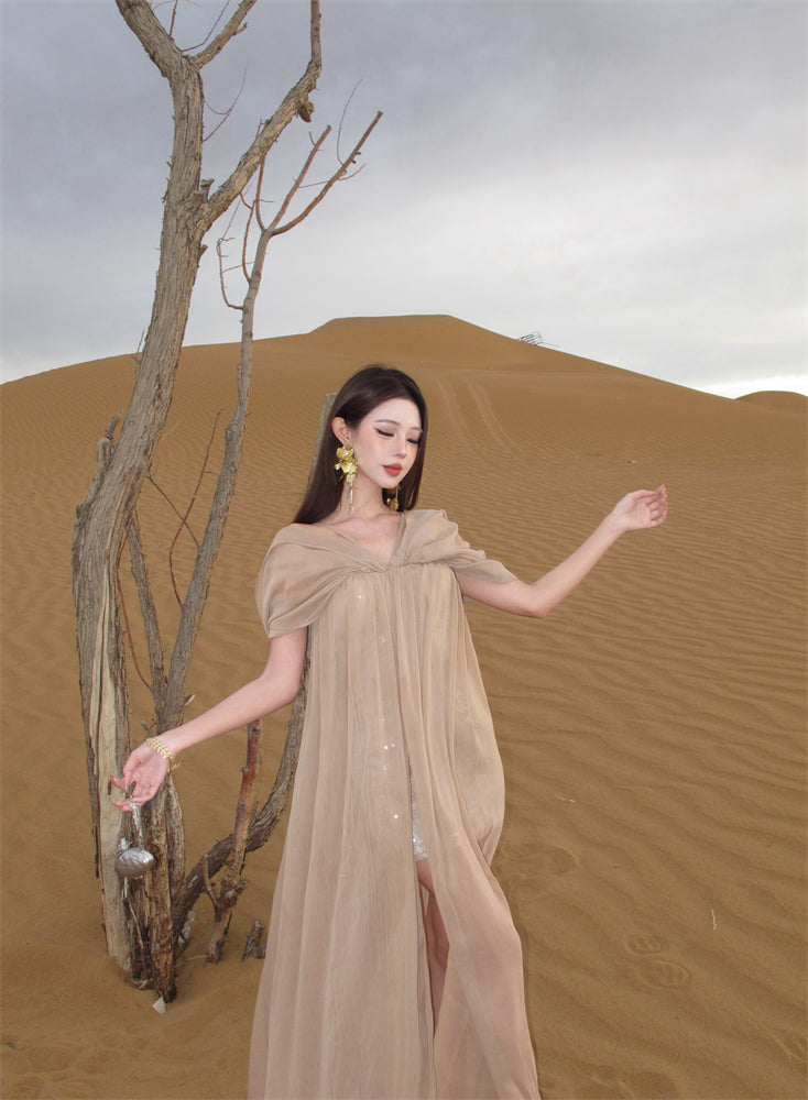 Chic Off-Shoulder Sheath Vacation Outfit Maxi Skirt Elegant Sequins Flowy Slit Tulle Long Dress AP3290