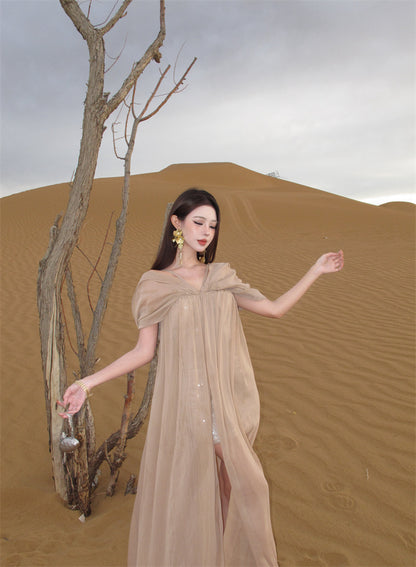 Chic Off-Shoulder Sheath Vacation Outfit Maxi Skirt Elegant Sequins Flowy Slit Tulle Long Dress AP3290