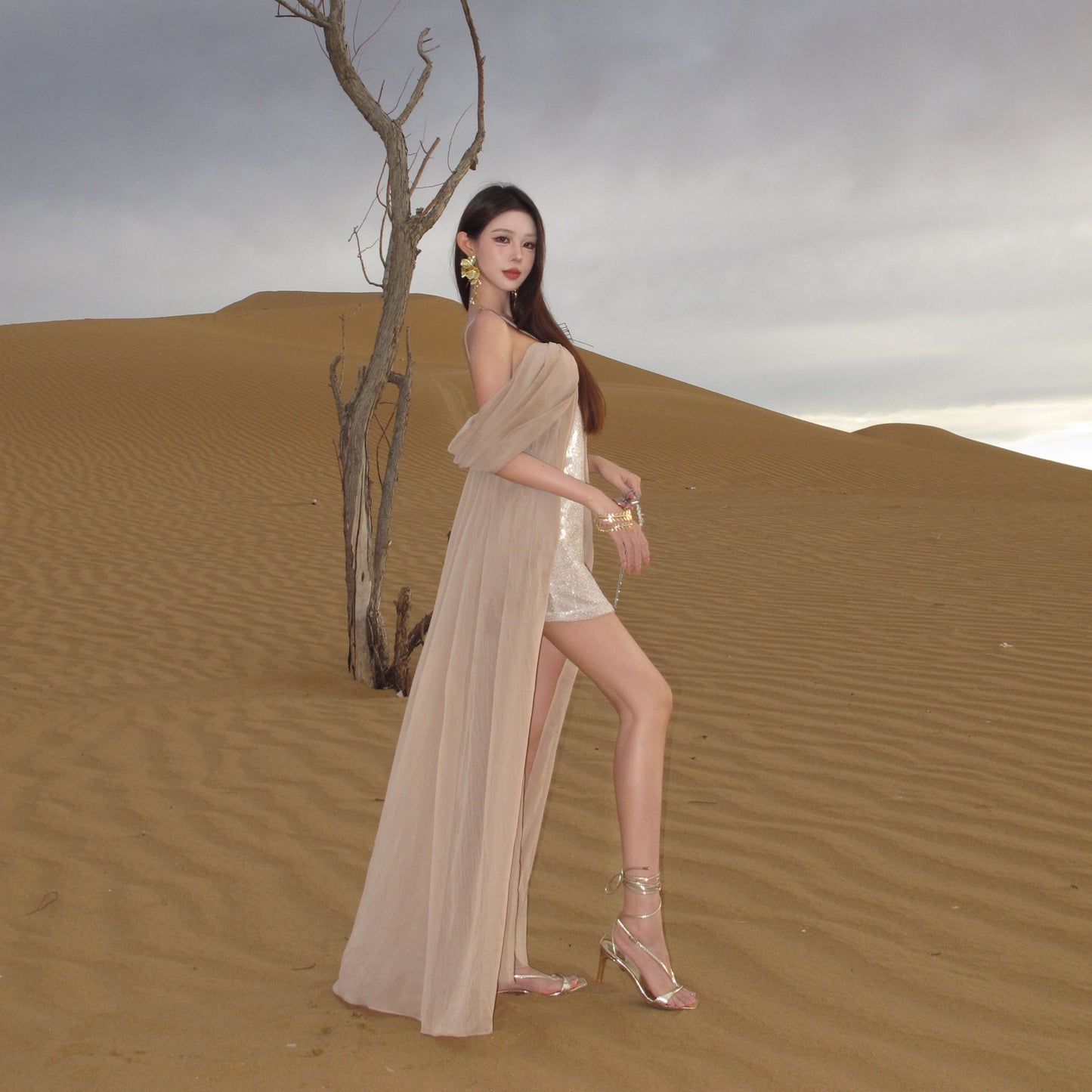 Chic Off-Shoulder Sheath Vacation Outfit Maxi Skirt Elegant Sequins Flowy Slit Tulle Long Dress AP3290