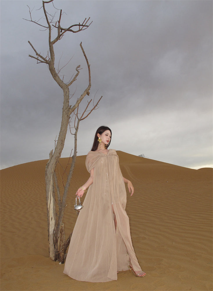 Chic Off-Shoulder Sheath Vacation Outfit Maxi Skirt Elegant Sequins Flowy Slit Tulle Long Dress AP3290