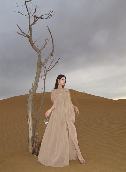 Chic Off-Shoulder Sheath Vacation Outfit Maxi Skirt Elegant Sequins Flowy Slit Tulle Long Dress AP3290