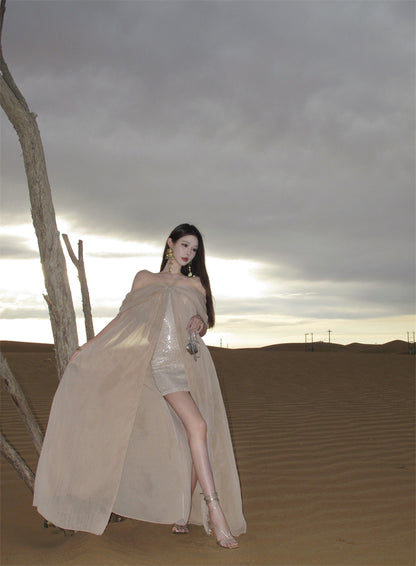 Chic Off-Shoulder Sheath Vacation Outfit Maxi Skirt Elegant Sequins Flowy Slit Tulle Long Dress AP3290