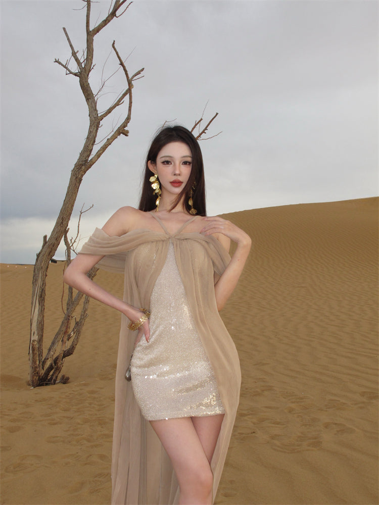 Chic Off-Shoulder Sheath Vacation Outfit Maxi Skirt Elegant Sequins Flowy Slit Tulle Long Dress AP3290