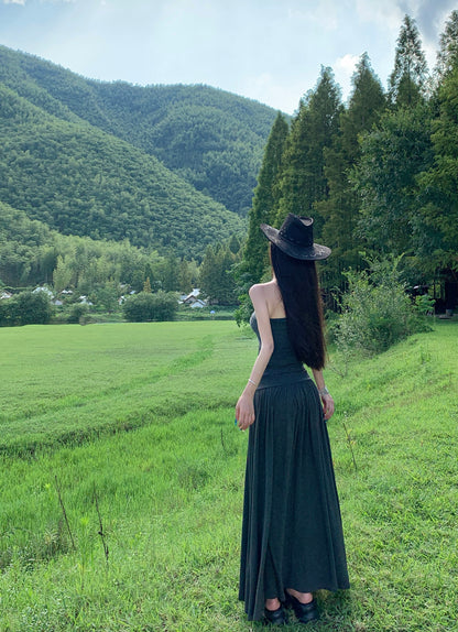 New Tendency Strapless A-Line Maxi Dress Alluring Tie-Front Gray 2-Piece Set Long Dress AP3291