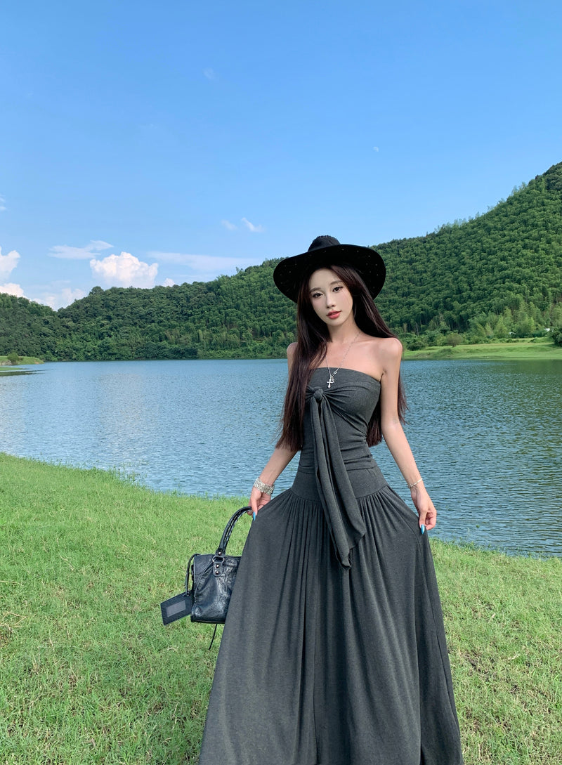 New Tendency Strapless A-Line Maxi Dress Alluring Tie-Front Gray 2-Piece Set Long Dress AP3291