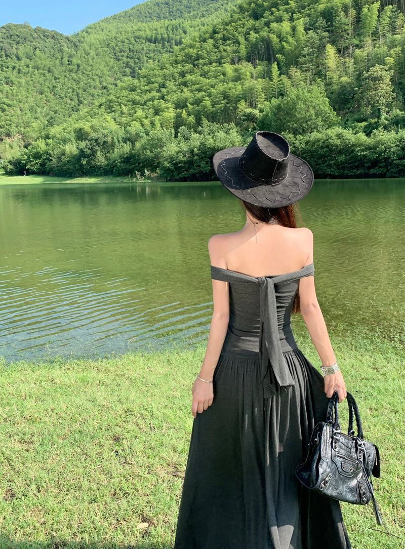 New Tendency Strapless A-Line Maxi Dress Alluring Tie-Front Gray 2-Piece Set Long Dress AP3291