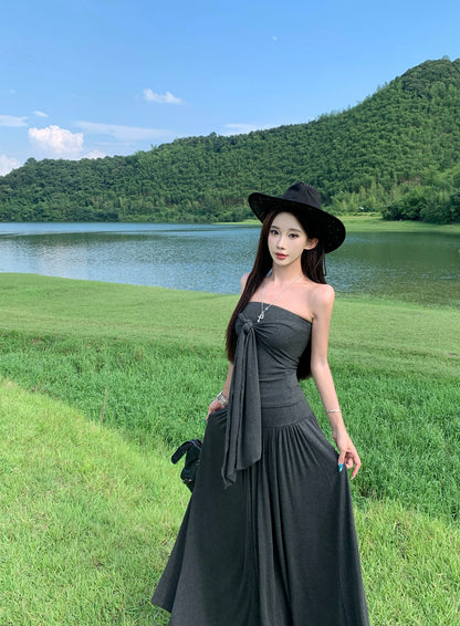 New Tendency Strapless A-Line Maxi Dress Alluring Tie-Front Gray 2-Piece Set Long Dress AP3291