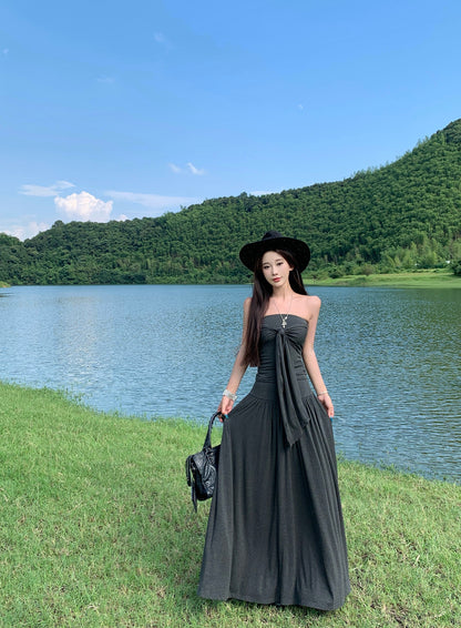 New Tendency Strapless A-Line Maxi Dress Alluring Tie-Front Gray 2-Piece Set Long Dress AP3291