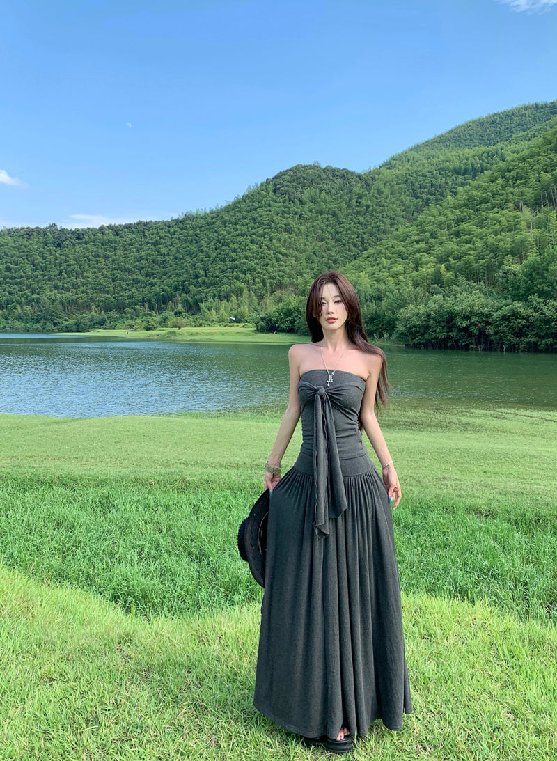 New Tendency Strapless A-Line Maxi Dress Alluring Tie-Front Gray 2-Piece Set Long Dress AP3291