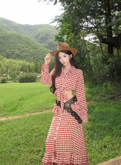 Vintage Red Plaid A-Line 2-Piece Set Ruffled Maxi Dress Charming Long Sleeve Open Waist Slit Long Dress AP3292